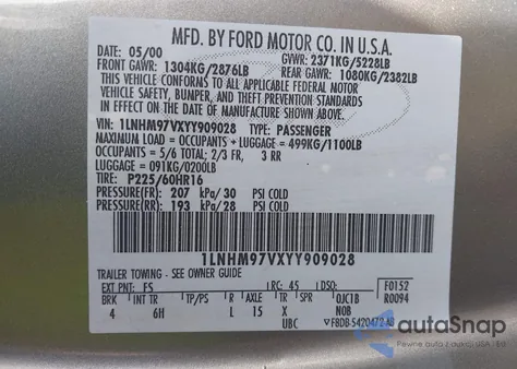 2000 Lincoln Continental z USA, uszkodzony, nr VIN 1LNHM97VXYY909028